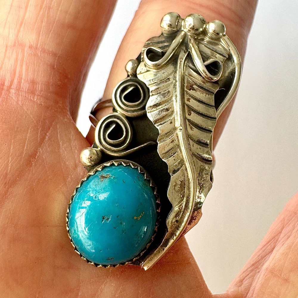 Long Navajo Turquoise Ring Sz 7 Sterling Leaf Feather Signed HM Native American